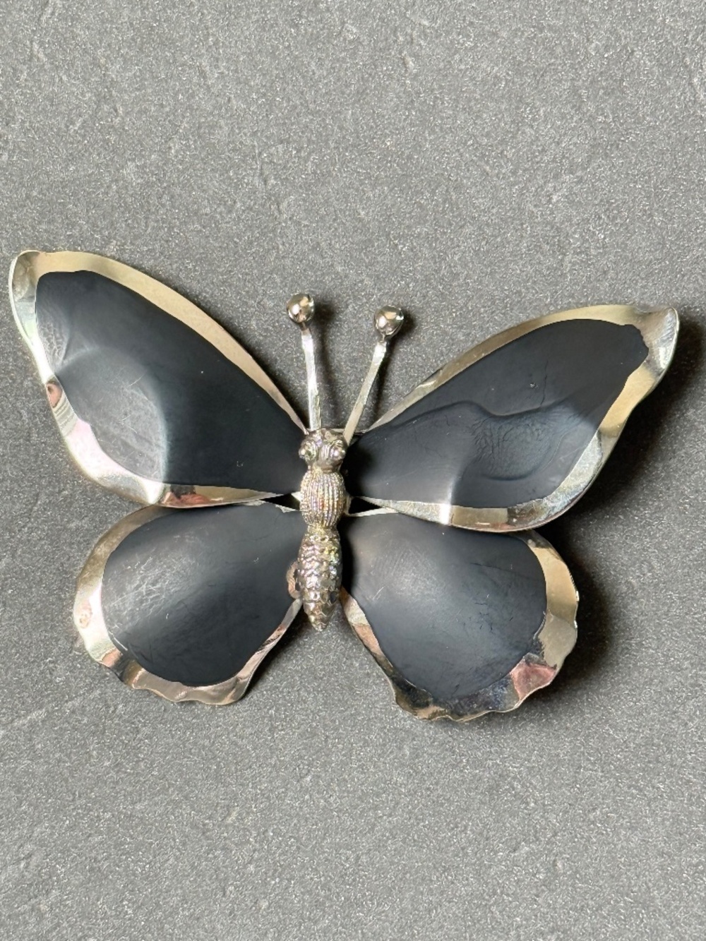 VINTAGE Stylized Black Enamel Silver Butterfly Brooch Statement MCM Retro